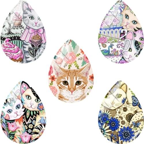 JWEIJIAO Tear Drop Shape Glass Cabochon Beautiful Flower Colouful Cat Cartoon Picture Animal Lover DIY Jewelry Accessories HT488