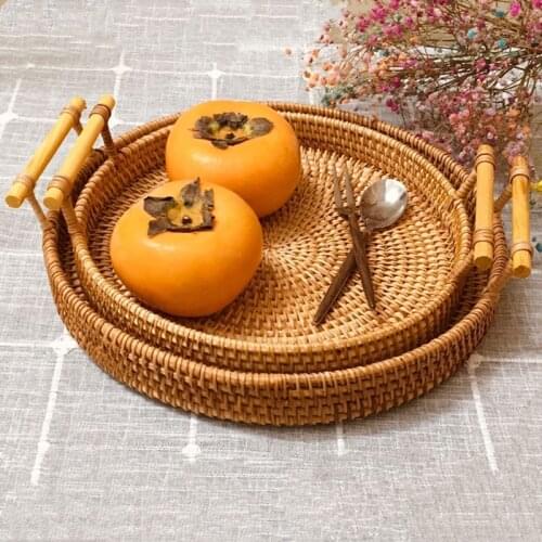 Vietnam rattan bread storage basket woven storage basket fruit snack snack round food tray picnic basket natural Multipurpose