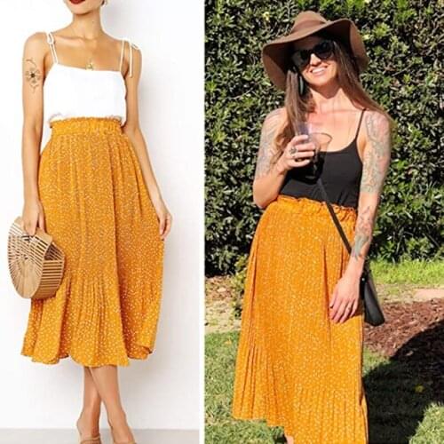 Print Skirt Women A Line Midi Skirt Summer High Waist Beach Casual Pleated Skirts Boho Elegant Vacation A Line Skirt Jupe Faldas