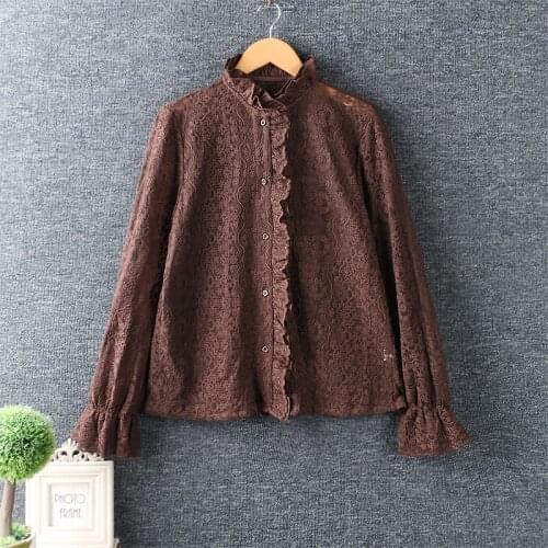 2020 New Autumn Women Blouse Japan Style Mori Girl Lace Stand Collar Hollow out Long Sleeve Loose Casual Women Shirt
