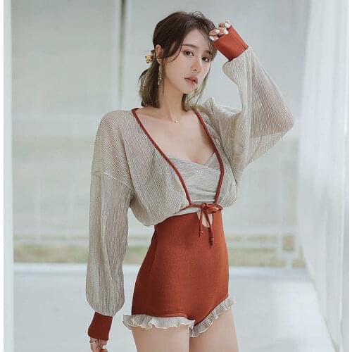 2021 New Popular Korean Swimsuit Female Bow Hollow Low Cut Slim Sexy Backless Steel Plate Gathered Hot Spring Two-Piece Suit