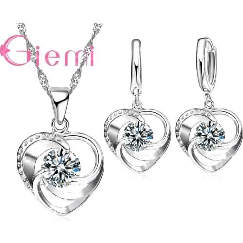 Charming Love Shape Crystal Necklace Earrings Elegant Women Wedding Ceremony Jewelry Set 925 Sterling Silver Pendant Chain