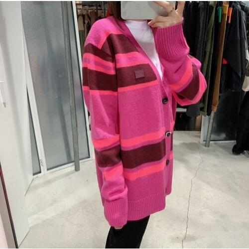 Women Stripes Knitted Cardigan Lady Fashion Loose V-Neck Single-Breasted Sweater Female Color Patchwork Knitwear 2021 New