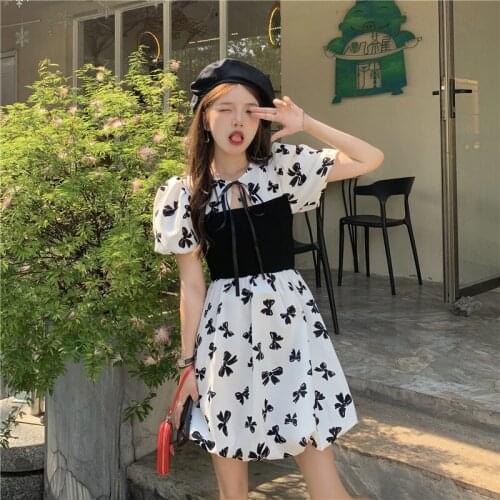 2021 New Fashion Korean Ladies Summer V-Neck Ruffles High Waist Dress Women Puff Short Sleeve White Black Mini Elegant Bow Print