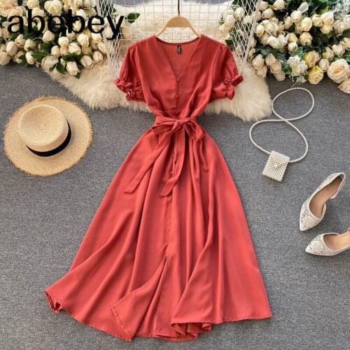 Women Solid Belt dress V Neck short puff sleeve A line dresses summer Bohemian Beach Midi Dress