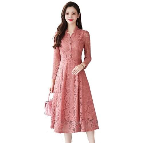 Plus Size 4XL Women Dress Spring Autumn Long-Sleeved A-Line Dress Lace Dress Female Elegant Long Fashion Party Dress Vestidos