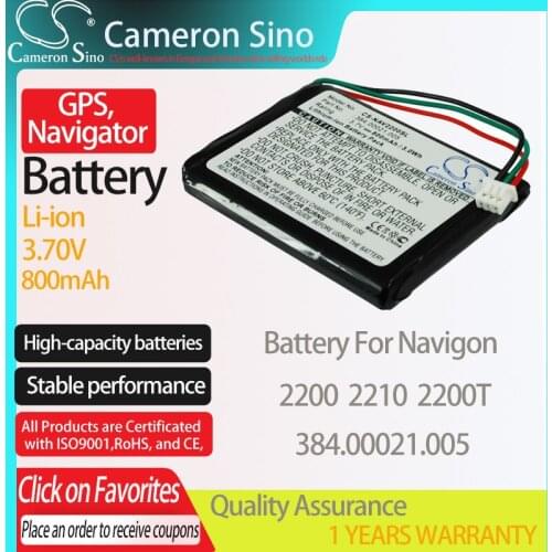 CameronSino Battery for Navigon 2200 2210 2200T fits Navigon 384.00021.005 GPS,Navigator battery 800mAh 3.70V Li-ion Black