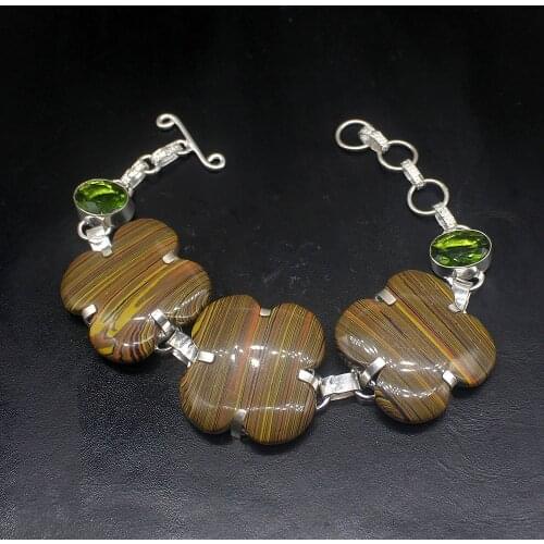 Gemstonefactory Jewelry Big Promotion Single Unique 925 Silver Stripe Jasper Peridot Lady Women Charm Bracelet 22cm 20213310