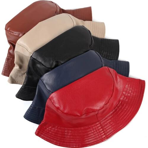 Womens Leather Bucket Hat Fashion 2020 Korea Style Black Red Woman Bucket Hats gorra mujer Bob Chapeau Femme fisherman Cap