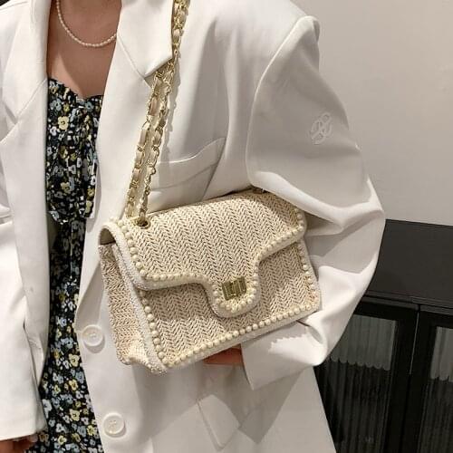 Pearl Chain Small Square Bag Lady Western Style Straw Womens Designer Handbag Pearl Chain Shoulder Messenger Bag Purses