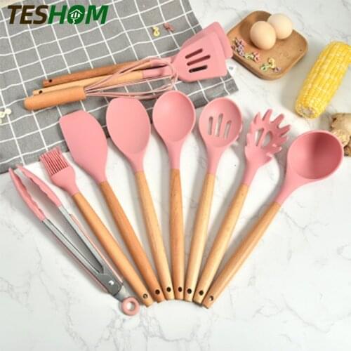 11PCS Silicone Kitchen Utensils Set Pink Color Heat Resistant Nonstick Baking Cooking Tools Kitchenware Accessories