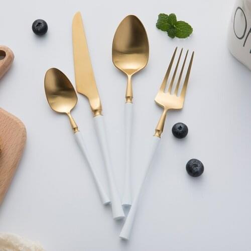 White Gold Tableware Set Kitchen Service Cutlery Set 304 Stainless Steel Knife Fork Spoon Dinner Set Golden Dinnerware Set