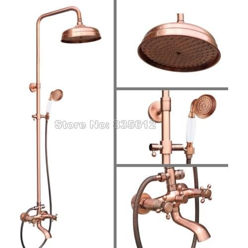 Antique Red Copper Wall Mounted 8" Shower Head Rain Shower Faucet Set Bathroom Dual Handles Bathtub Mixer Tap +Hand Spray Wrg514