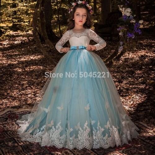 New Flower Girls Dresses Butterfly Lace Appliques Long Sleeves Ball Gowns with Sash Wedding Girls Holy Communion Dresses