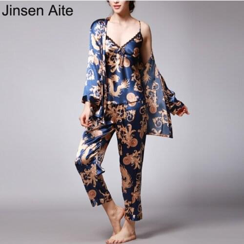 Jinsen Aite 3 Pieces Silk Pajamas For Women 2019 Spring Autumn Sleepwear Sets Print Sexy Large Size Home Clothes Nightwear JS739