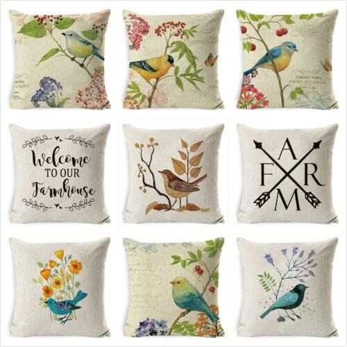 Bird Cushion Cover American Rural Style Pillowcase Hand Painting Birds Flowers Tree Cushions Case Sofa Linen Cotton Pillow Cover
