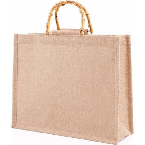 Portable Burlap Jute Shopping Bag Handbag Bamboo Loop Handles Reusable Tote Grocery Bags for Women Girls