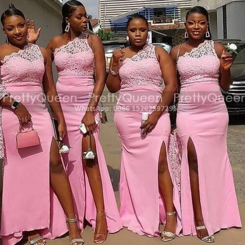 Pink Lace Mermaid Bridesmaid Dresses With Side Split Sheer One Shoulder Sleeveless African Women Long Wedding Party Dress Formal