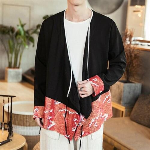 Open stitch Chinese style large size 5XL mens shirt loose Japanese Hanfu casual shirt Kung Fu male Tang suit tai chi shirts