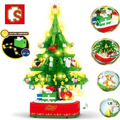 Sembo Santa Claus Elk Christmas Tree Wreath Reindeer House With Lighting Music Box Model Sets Building Blocks Toys Children Gift