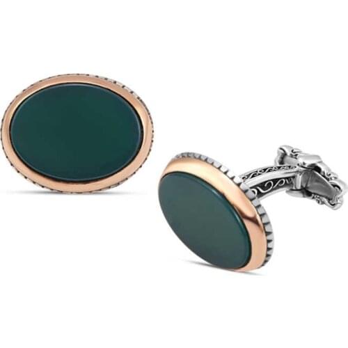 Silver Green Agate Stone Oval Cufflinks