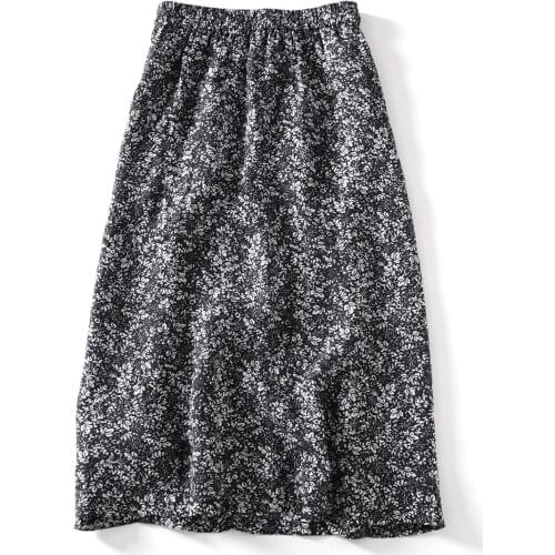 Light and elegant pure ramie floral skirt elastic waist mid length skirt 0419