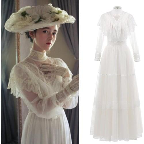 High Neck Tulle Wedding Dress Medieva Victorian Vintage 2020 Long Sleeve Lace Garden Country Lady Bridal Bridesmaid Dress 1098