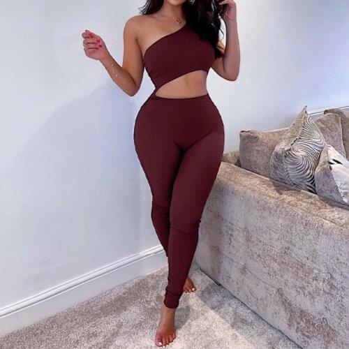 Y2K 2021 Summer One Shoulder Hollow Out Sports Fittness Casual Sexy Jumpsuits High Fashion Hip-lift Bodycon Gym Rompers Overalls