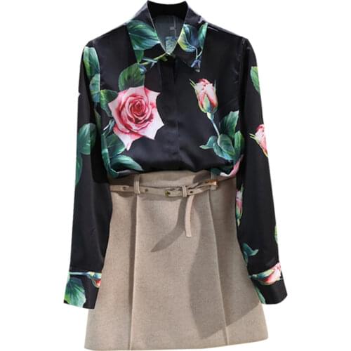 Spring Autumn Womens Long-sleeved Shirt Rose Flower Shirt 2020 New Fashion All-match Printed Tops Blouse Women GD587