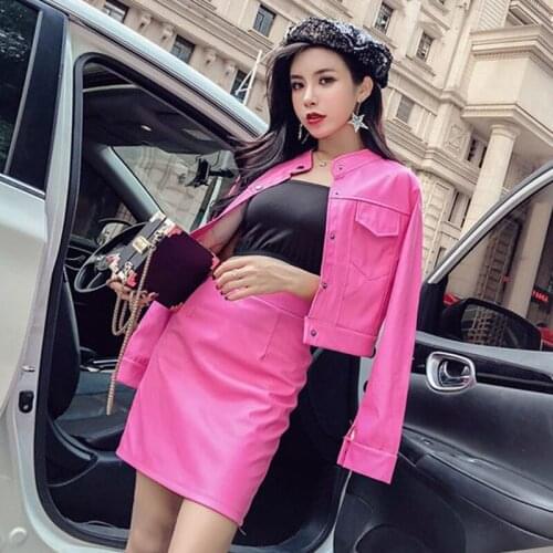 Women Suits Autumn Long-Sleeved Short-Breasted Leather Jacket + Hip Skirt Two-Piece Sets Playful