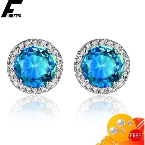 Bali Jelry Trendy 925 Silver Earrings Jewelry 10*10mm Round Sapphire Zircon Gemstones Accessories Stud Earring for Women Wedding