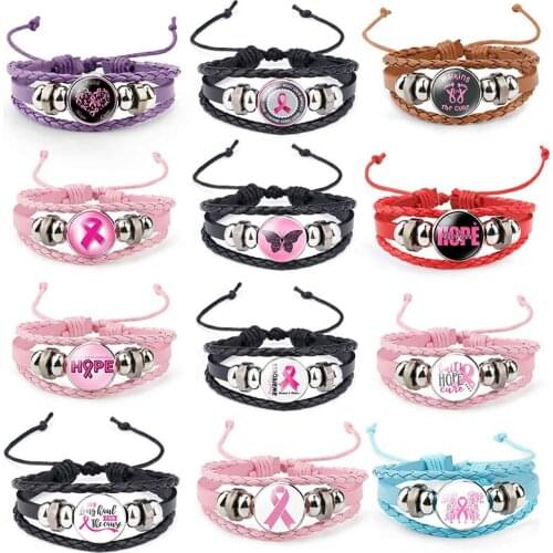 Breast Cancer Awareness Hope Bracelet For Women Pink Ribbon Charm Braided Leather Rope Wrap Bangle Fashion Handmade Jewelry