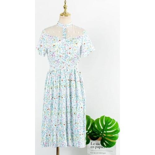 Korean Floral Dress Women 2020 Fashion Short Sleeve Summer Dresses Pleated Midi Dress Female Sundress Robe YQ460