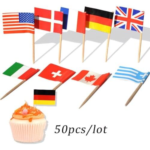 50pcs Disposable multi national flag stick cake toper flag fruit stick cocktail cake steak toothpick food decoration bar