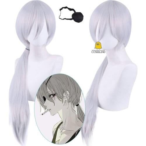 Anime Chainsaw Man Quanxi Cosplay Wig with Eye Patch Silver White Long PonytailHeat-resistant Fiber Hair Wig Cap Halloween Party