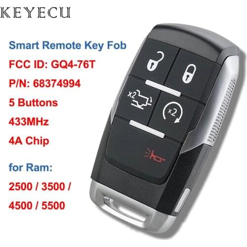 Keyecu Smart Remote Key Fob 5 Buttons 433MHz 4A Chip for Ram 2500 3500 4500 5500 2019 2020 2021 FCC ID: GQ4-76T, P/N: 68374994
