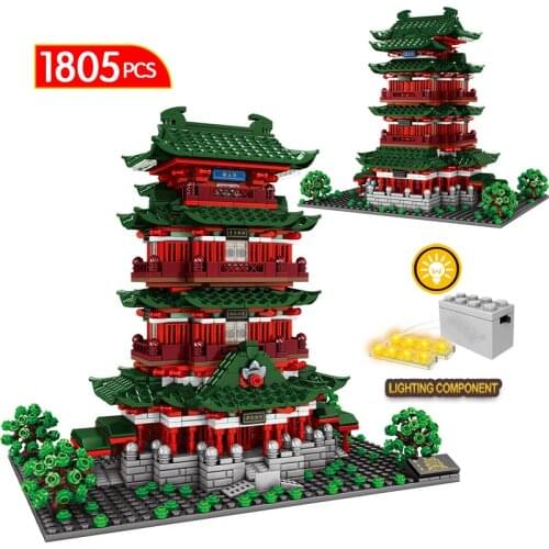 Chinese Street View Yellow Crane Tower Model Building Blocks City Famous Architecture Tengwang Pavilion Bricks Toys For Children