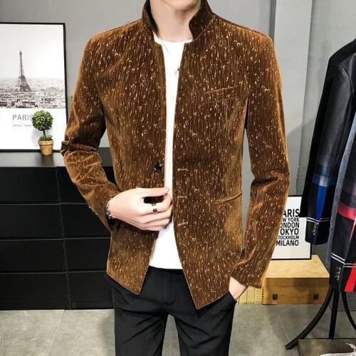 Royal Blue Velvet Blazers Mens Red Chinese Tunic Suits Madarin Collar Zhongshan Fu Velour Claret Oriental Style Vintage Burgundy