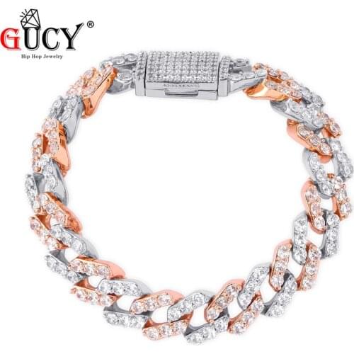 Gucy New Lock Clasp 14mm Heavy Iced Out Cuban Chains BraceletCubic Zircon Link For Man Hip Hop Jewelry For Men Gift