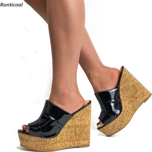 Ronticool Handmade Women Mules Sandals Shiny Patent Wedges Heel Open Toe Gorgeous 10 Colors Party Shoes Women US Plus Size 5-20