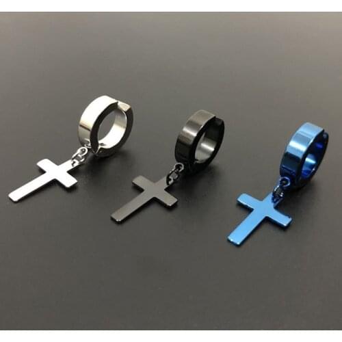 1pc Fake Piercing Earrings Stainless Steel Clip on Non Piercing Earrings for Women Men Cross Gothic Punk Rock Drop Pendiente