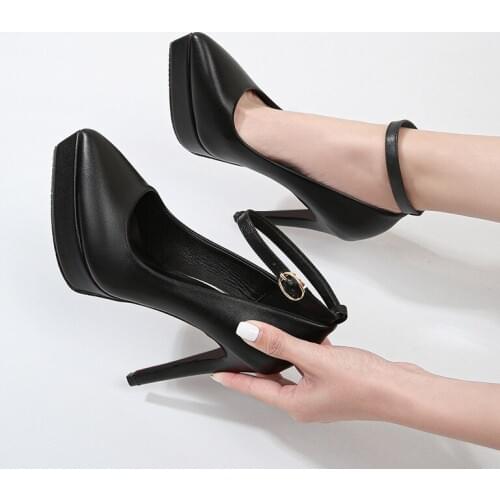2021 Spring Ankle Straps High Heels Sexy Shoes Womens Heels Pointed Toe Black Platform Party Office Pumps Women Shoes