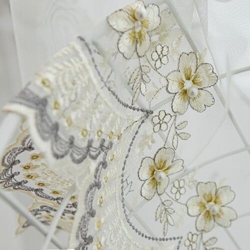 Yellow Flowers Embroidery Pearls Tulle Curtains for Living Room White Beading Sheer Volie for Balcony # VT