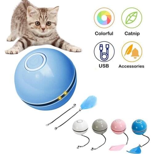 Smart Cat Ball Toy Self Rotating Balls Colorful LED Light Interactive Toys for Cats Kitten USB Rechargeable With Bell Feather