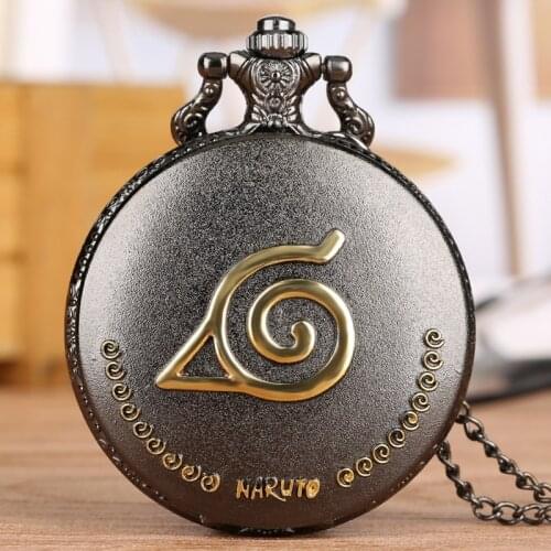 Unique Black Naruto Mark Quartz Pocket Watch Necklace Japan Anime Theme Fob Watches Fashion Pendant Cosplay Men Clock Chain Gift
