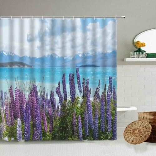 Lavender Flower Landscape Shower Curtain Retro Wooden Pastoral Style Bathroom Decoration Blackout Waterproof Screen With Hook