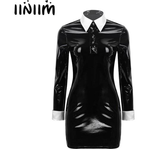 Women Ladies Wetlook Clubwear White Collar Bodycon Fancy Parties Dress Dark Gothic Darling Costume Femme Halloween Cosplay Dress