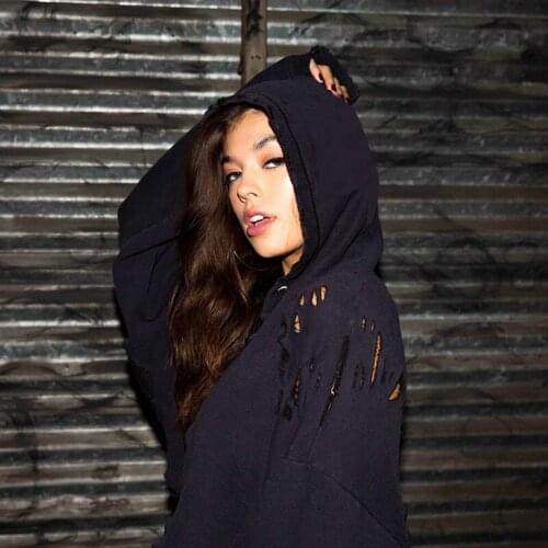 2019 New Women Casual Cloth Spring Fall Long Sleeve Black Loose Crop Hooded Hoodies Sweatshirts Hole Design Hollow Out Pullovers