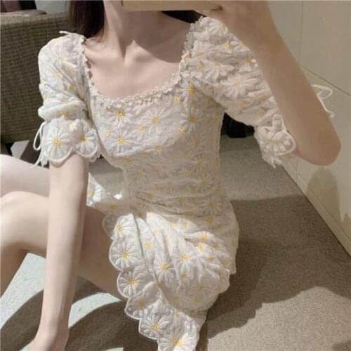 Summer Dress 2020 New Retro Lace Daisy Embroidery Two Piece Mini Sexy Party Women Dresses Square Neck Vestidos