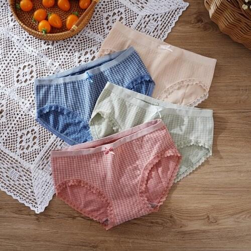 Womens Underwear Breathable Japanese Lace Cotton Plaid Thin Briefs Sexy Panties 2Pcs